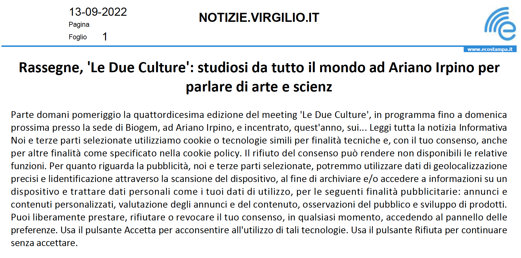 Rassegne, 'Le Due Culture': studiosi da tutto il mondo ad Ariano Irpino per parlare di arte e scienza